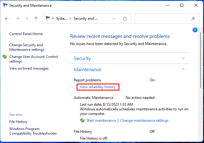 click View reliability history