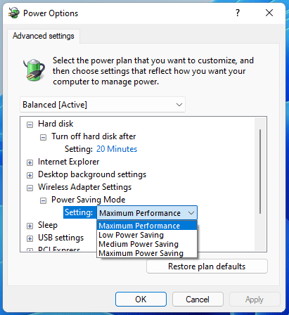 change power settings for the wireless adapter