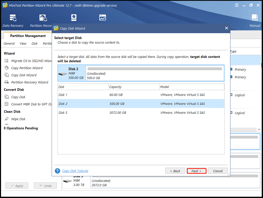 pick the destination disk