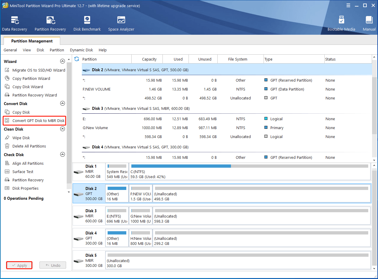 convert GPT disk to MBR using MiniTool