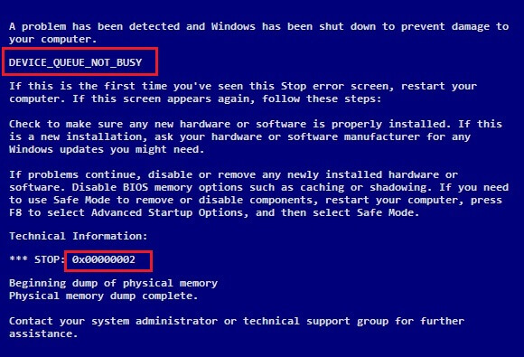 0x00000002 DEVICE_QUEUE_NOT_BUSY