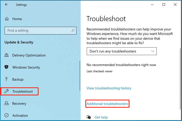 Click Additional troubleshooters