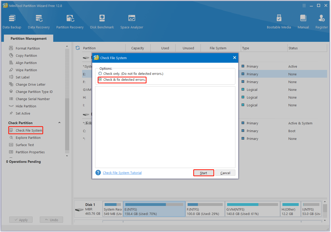 Check File System using MiniTool Partition Wizard