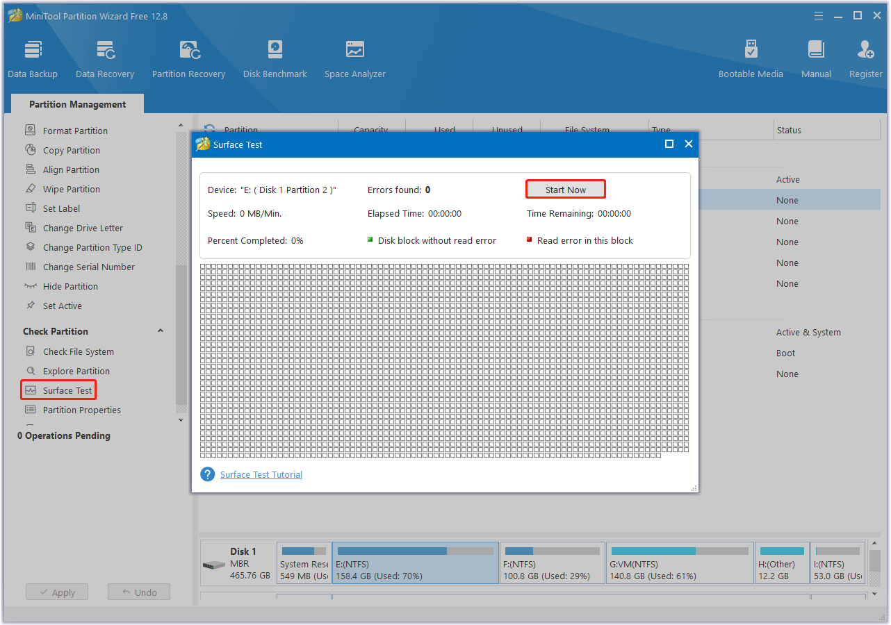 Surface Test using MiniTool Partition Wizard