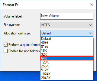 Choose the desired allocation unit size