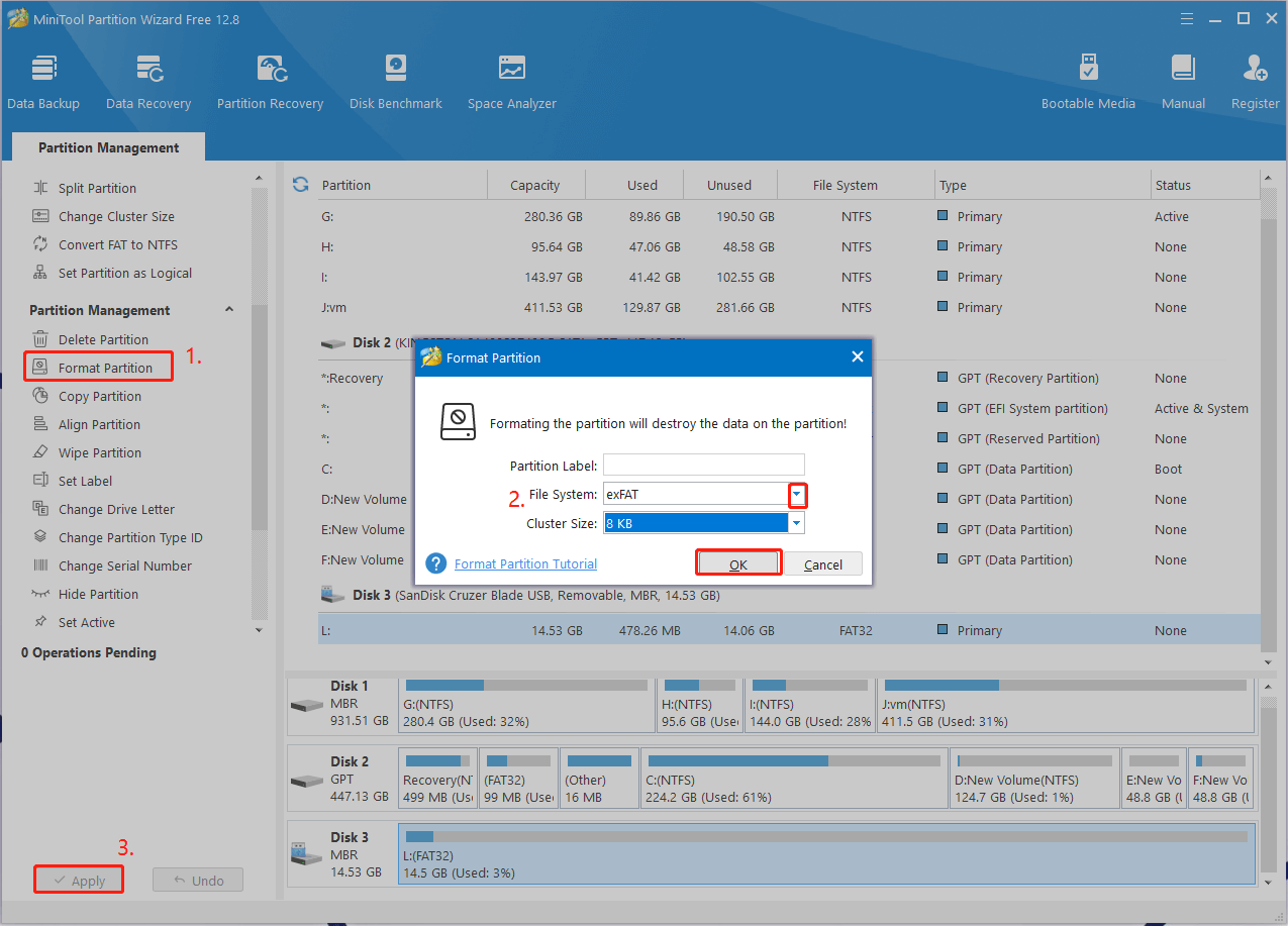 format USB to exFAT using MiniTool