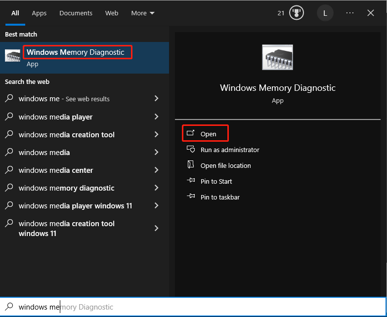 open Windows Memory Diagnostic tool