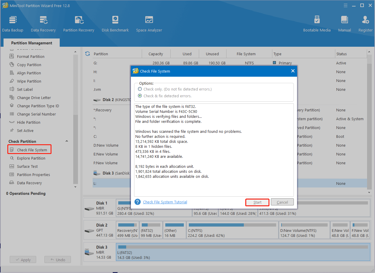 check file system errors using MiniTool