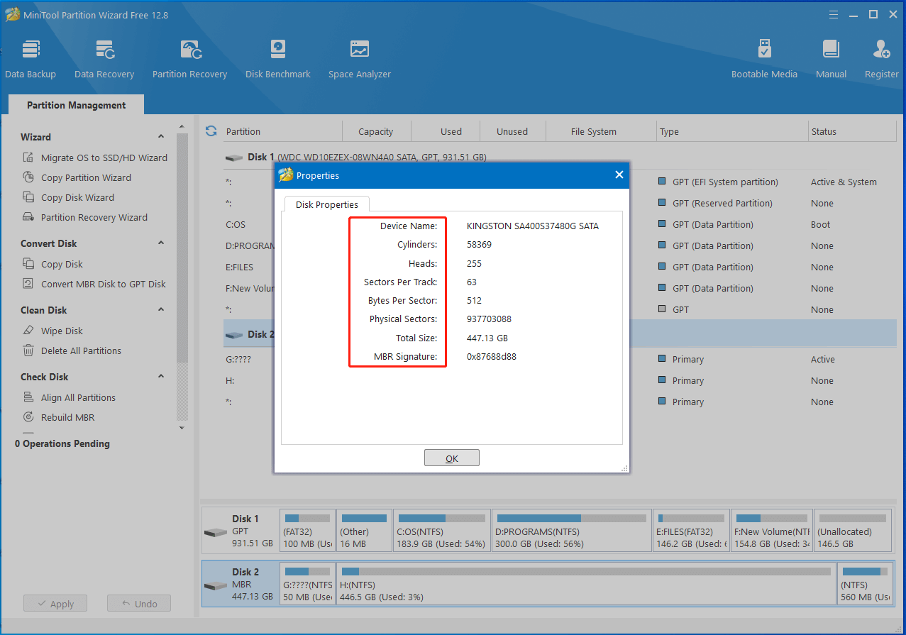 view the properties of the hard drive