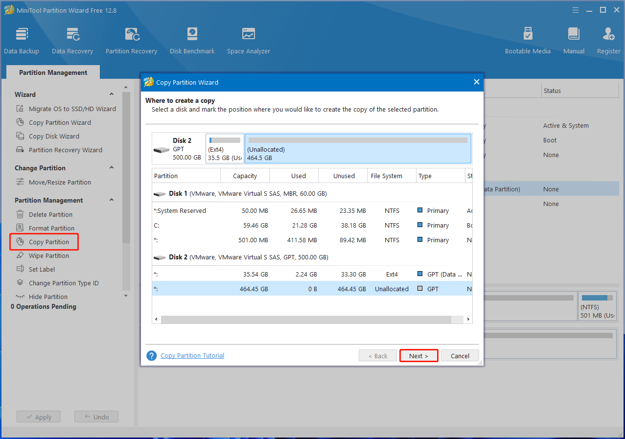 click Copy Partition on MiniTool