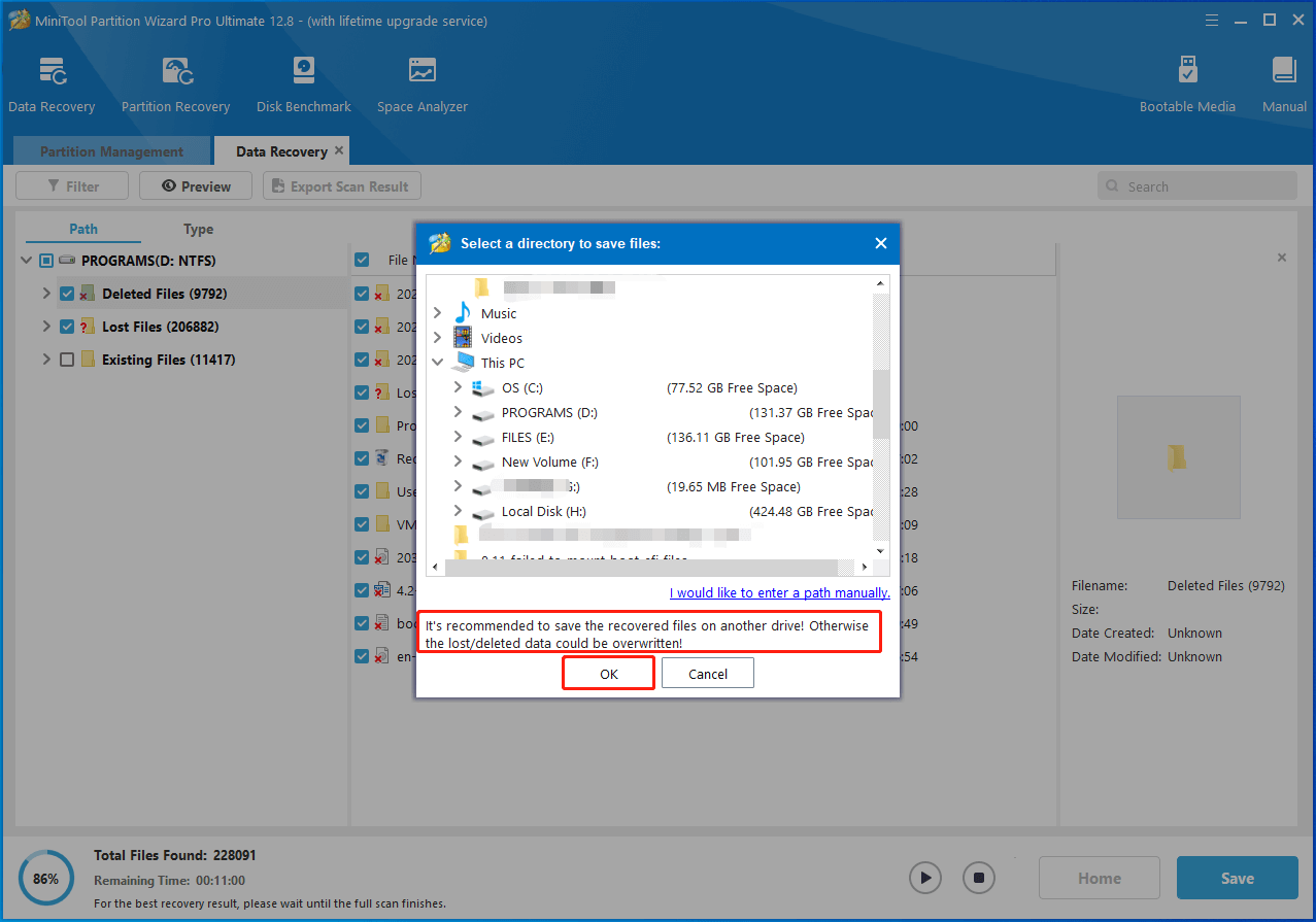 choose a directory for the recovered files