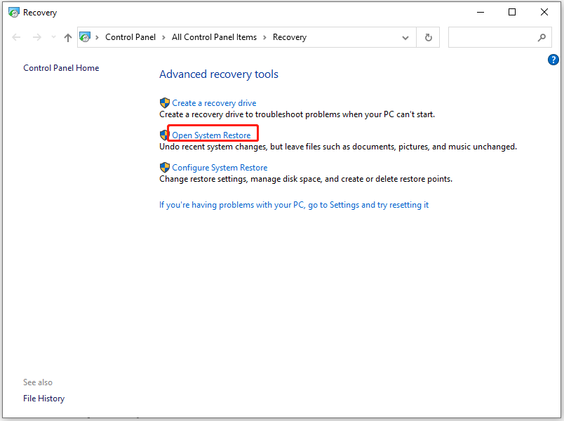 click Open System Restore