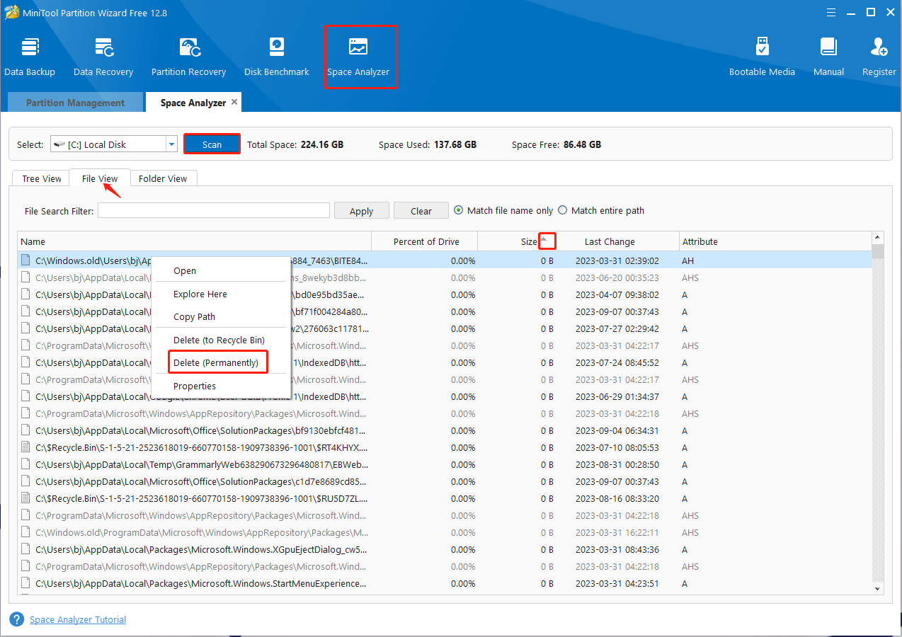 delete 0 byte files using MiniTool