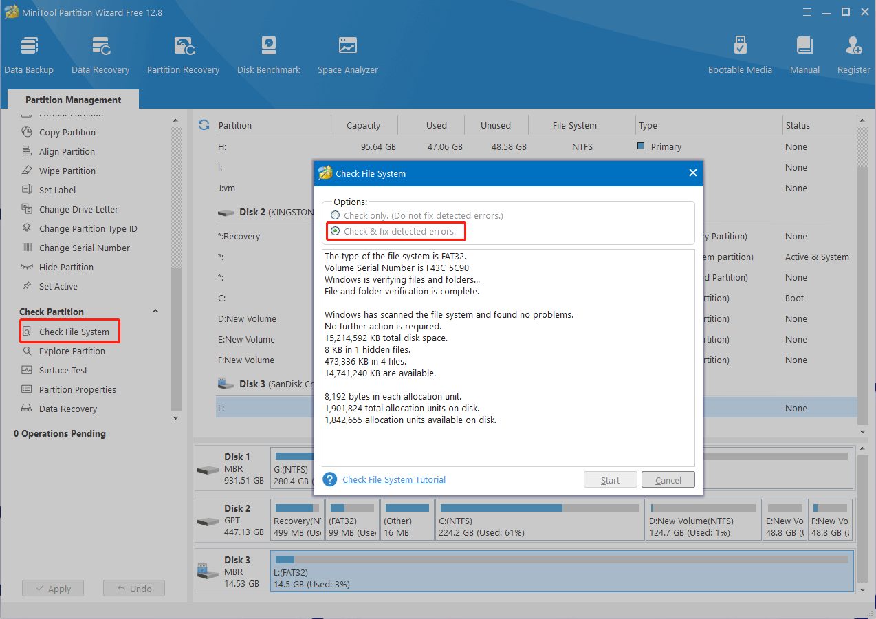 check file system error using MiniTool