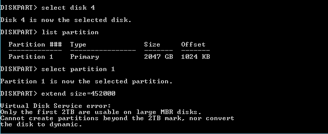 DiskPart cannot create partitions beyond 2TB