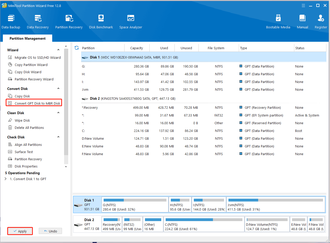 convert MBR to GPT using MiniTool