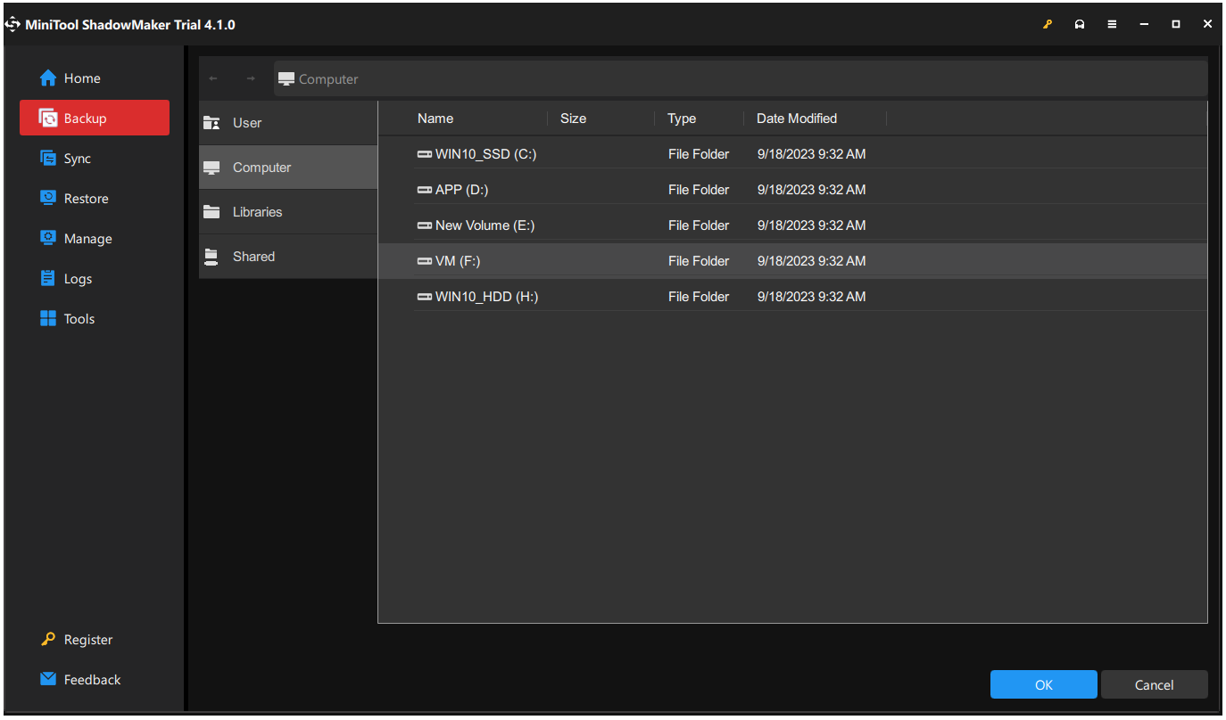 choose a drive to back up the problematic drive data