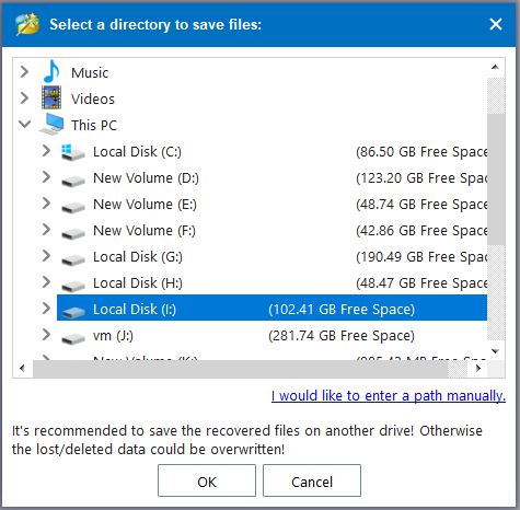 select a location to save recovered data on MiniTool