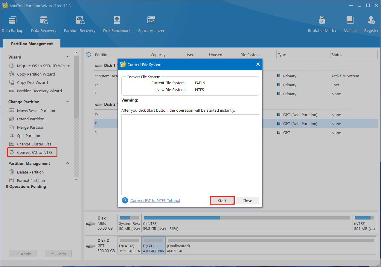 convert FAT to NTFS using MiniTool
