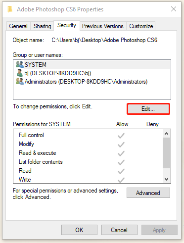 click Edit under Security
