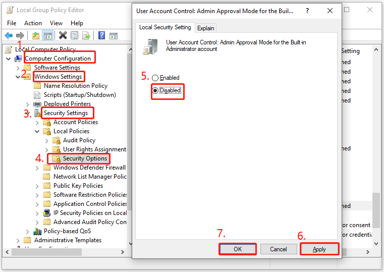 the steps to disable UAC Policy Settings