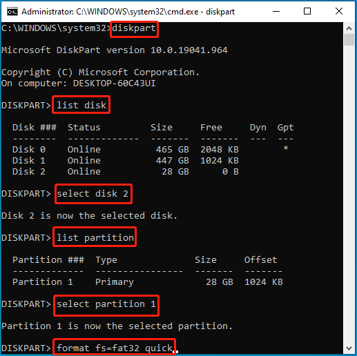 Format the SD card via Diskpart