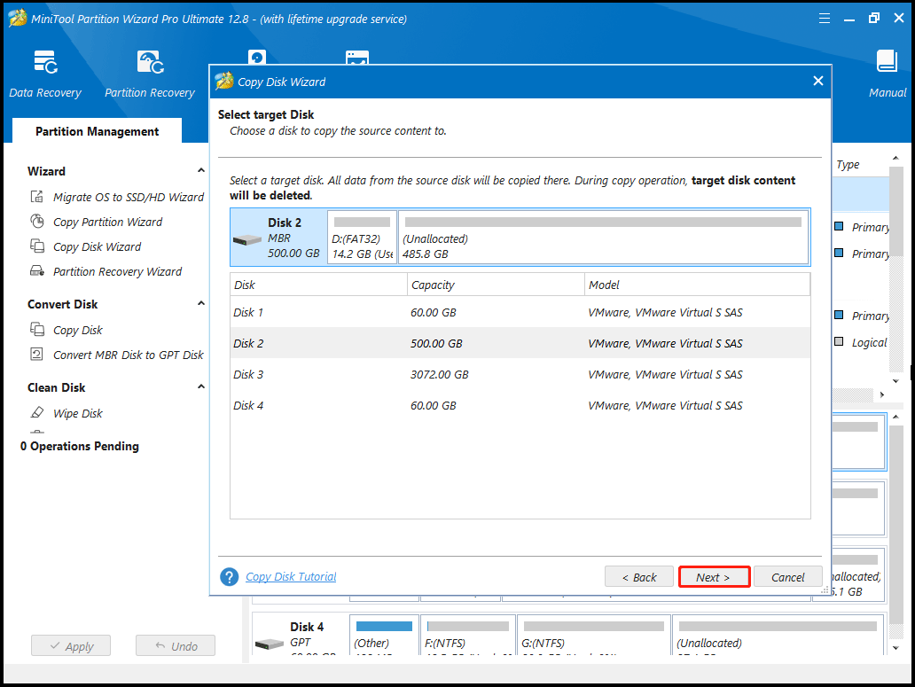 pick the destination disk