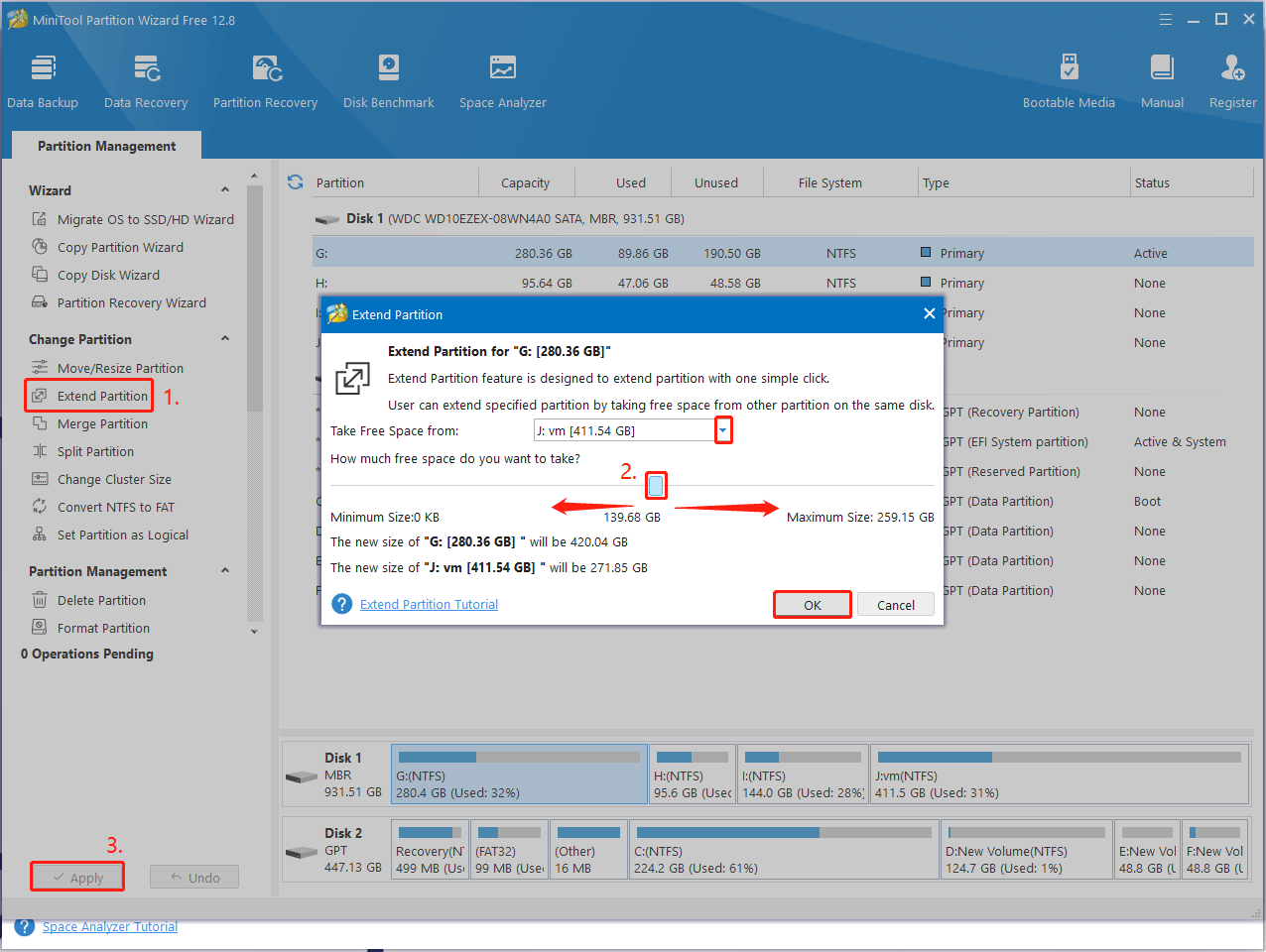 extend partition using MiniTool