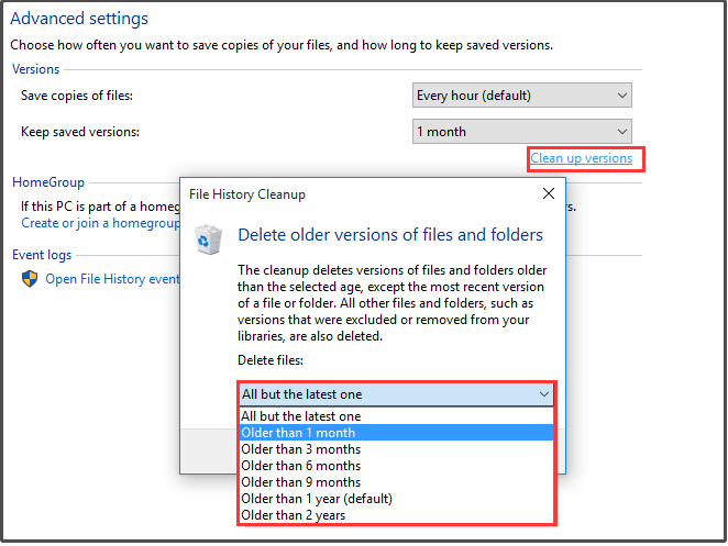 click Clean up versions