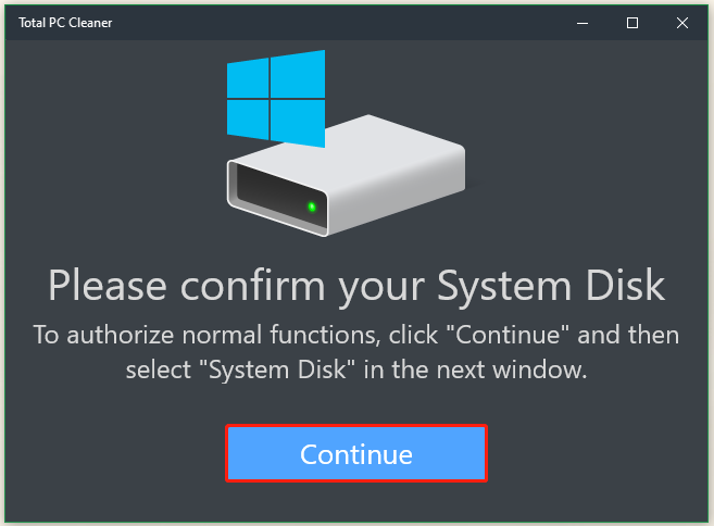 click Continue on Total PC Cleaner