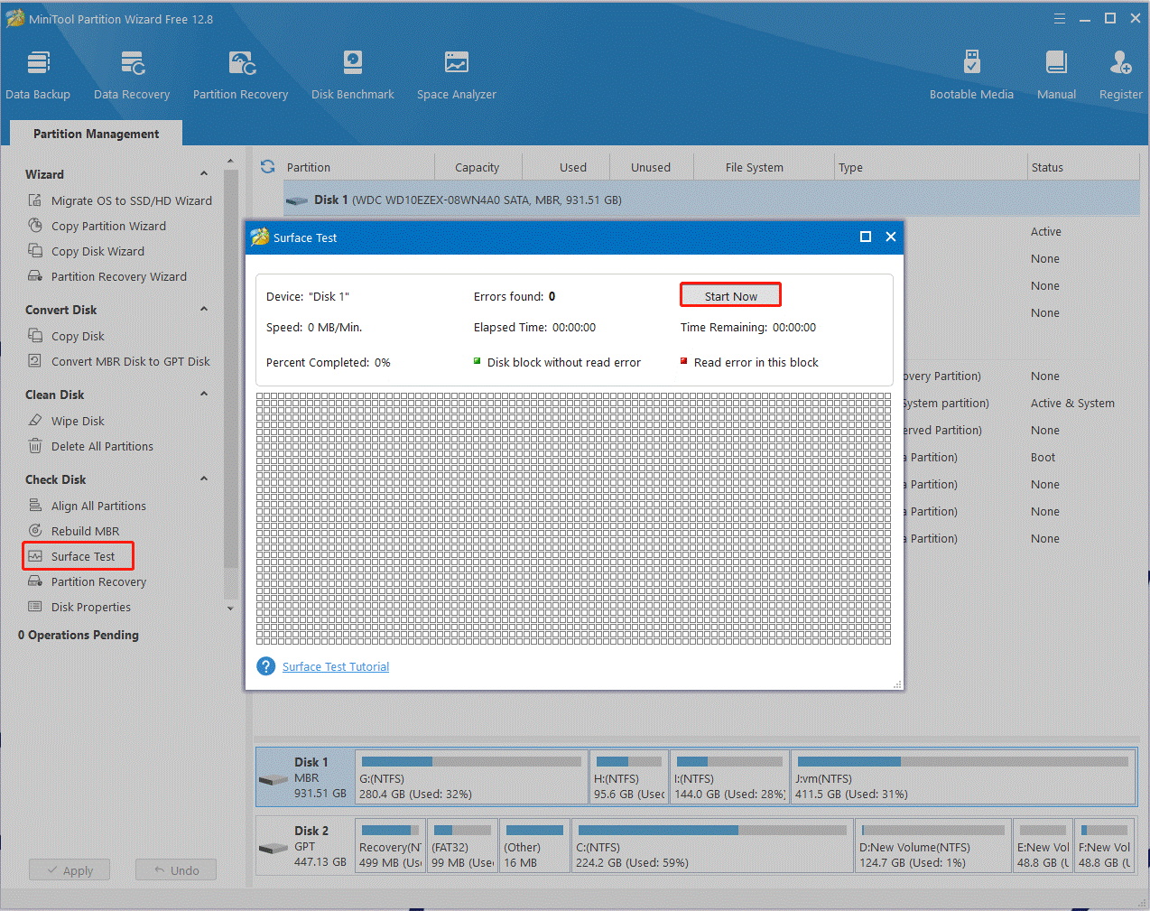 run Surface Test using MiniTool