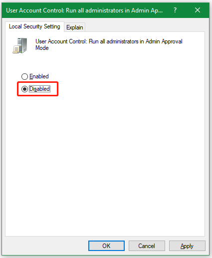 disable UAC in Local Security Policy