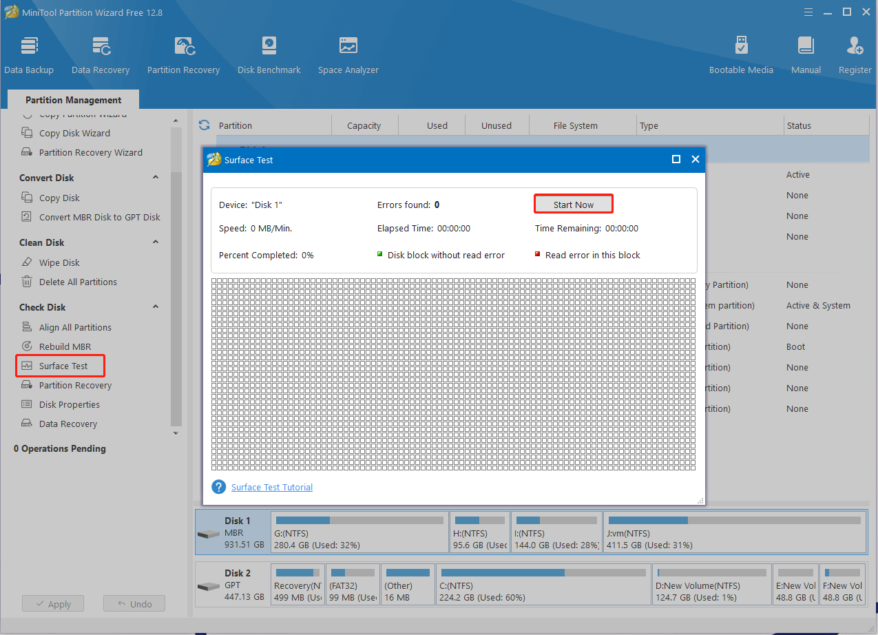 run Surface Test on MiniTool