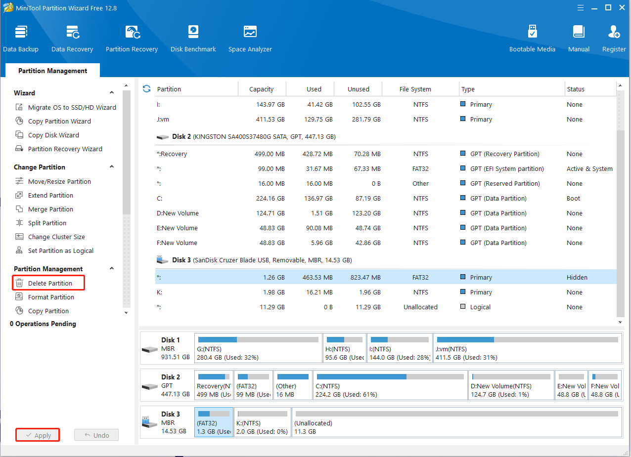 delete hidden partition using MiniTool