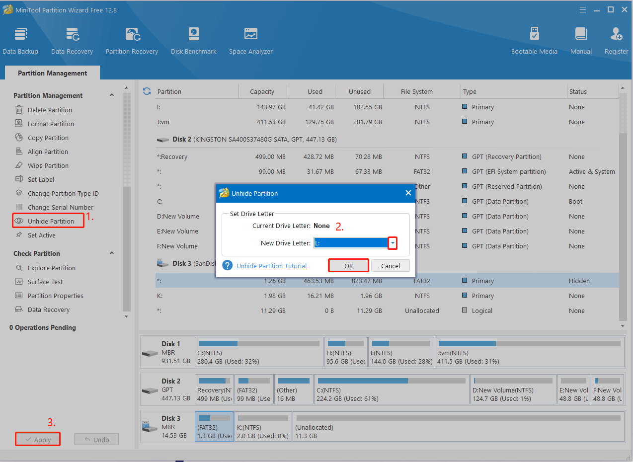 unhide USB partition using MiniTool