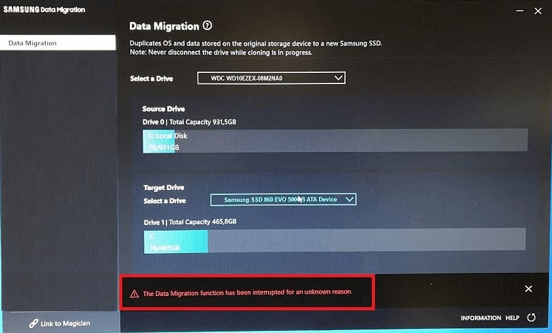 The Data Migration function has been interrupted for an unknown reason