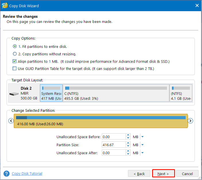 select Copy options