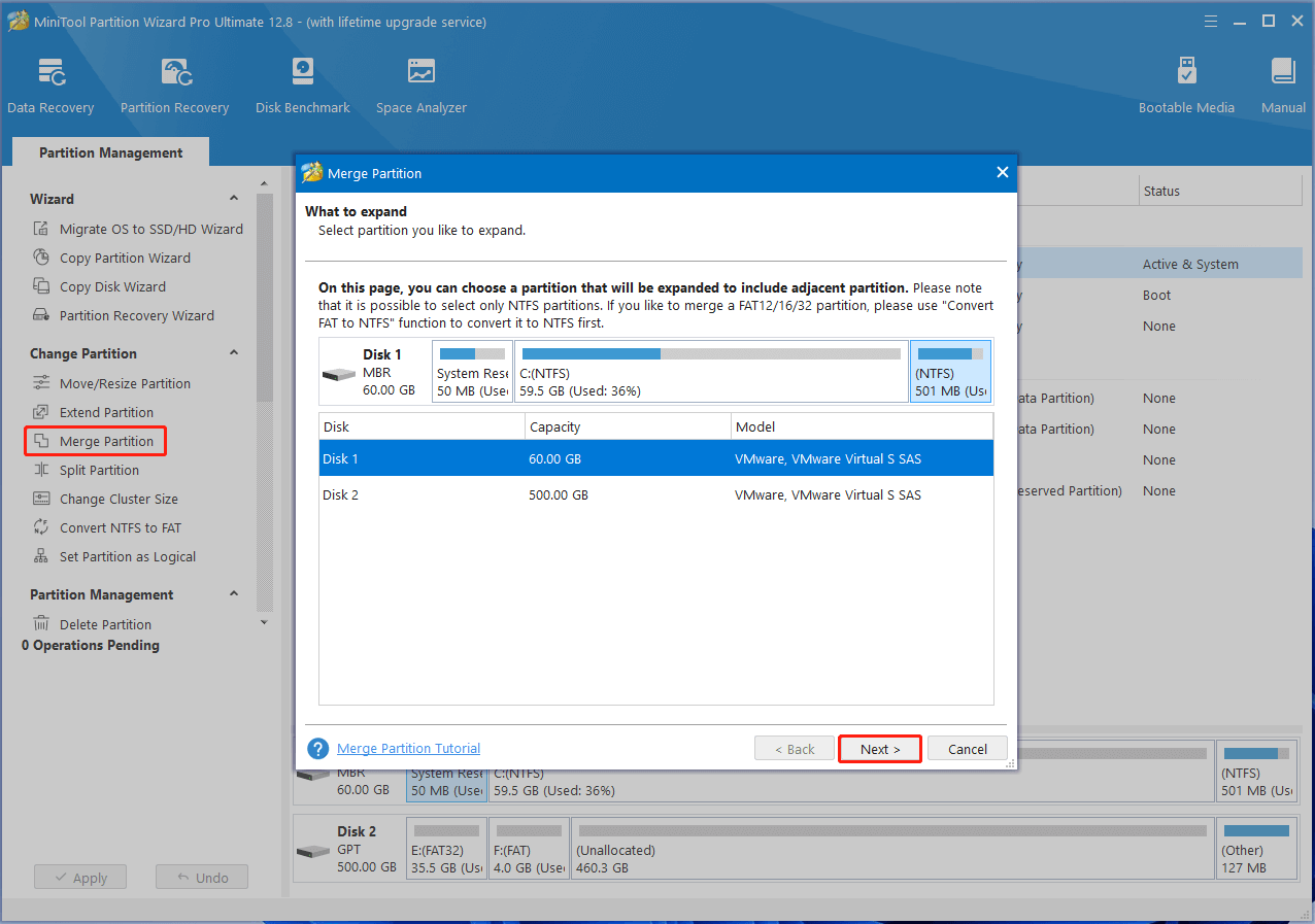 click Merge Partition on MiniTool