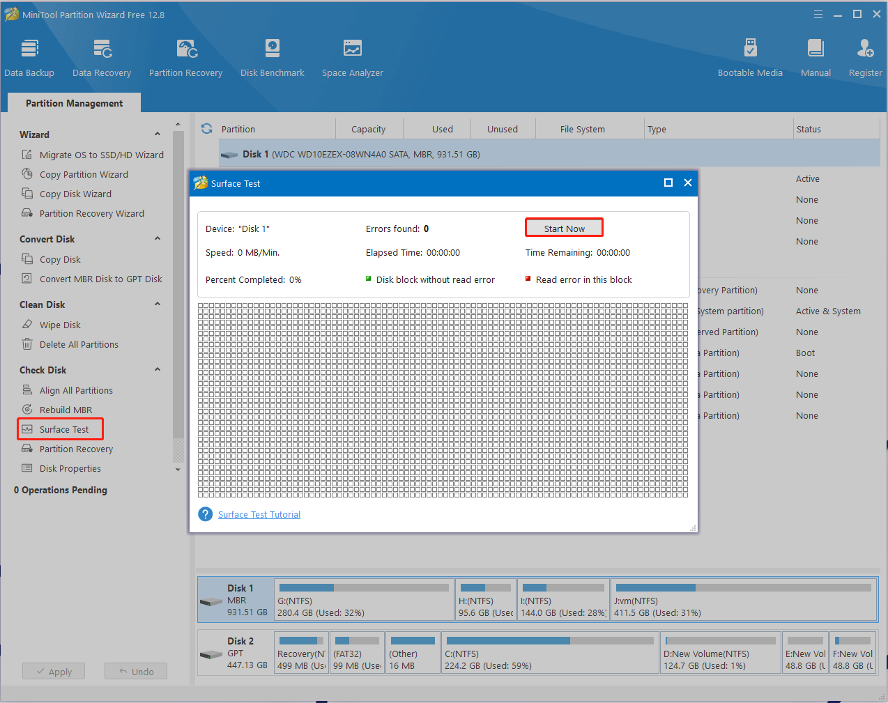 click Surface Test on MiniTool