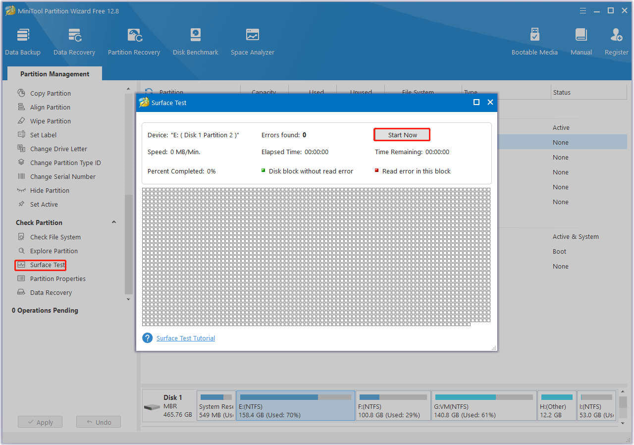 Surface Test using MiniTool Partition Wizard