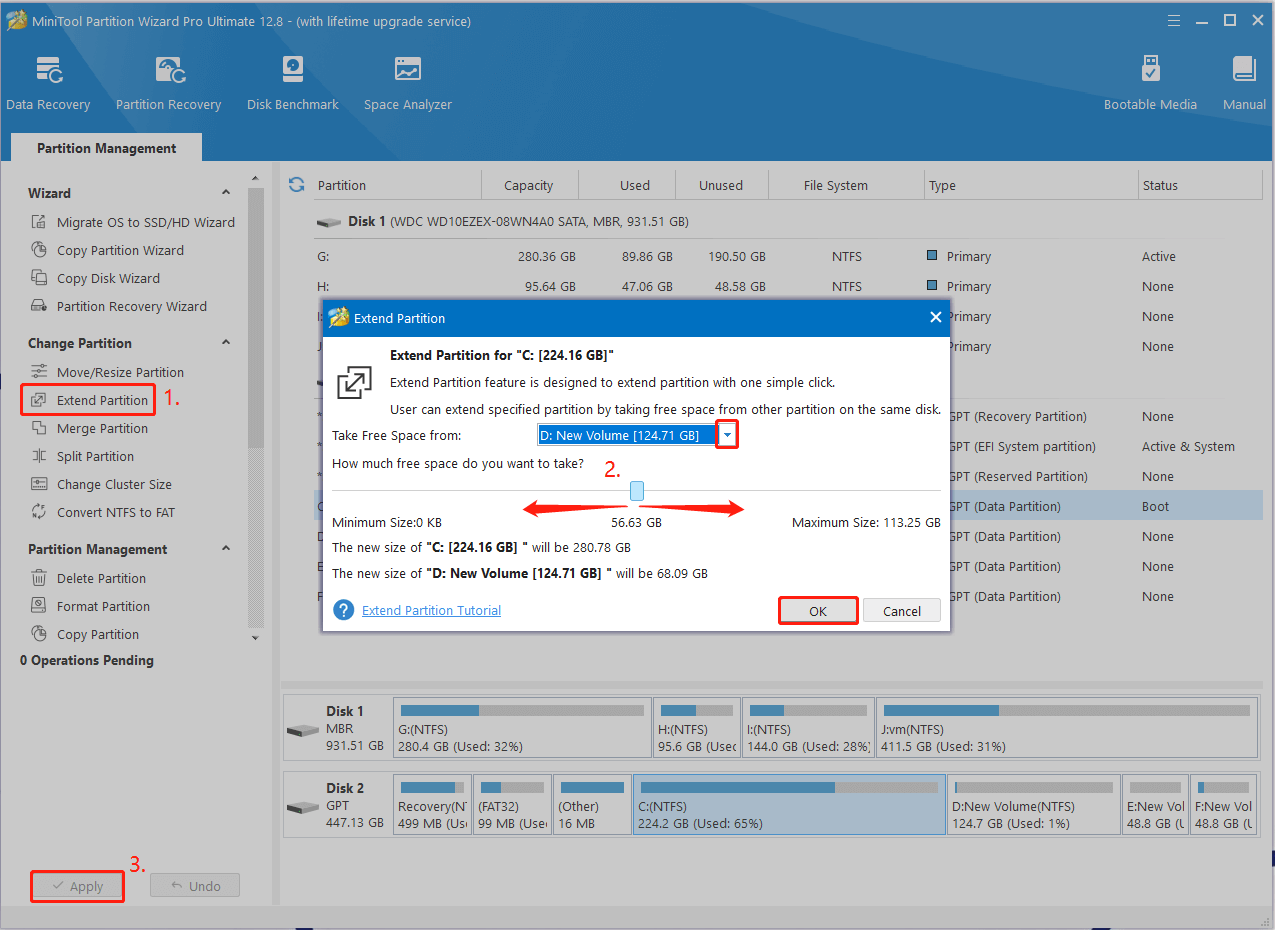 extend the C partition using MiniTool