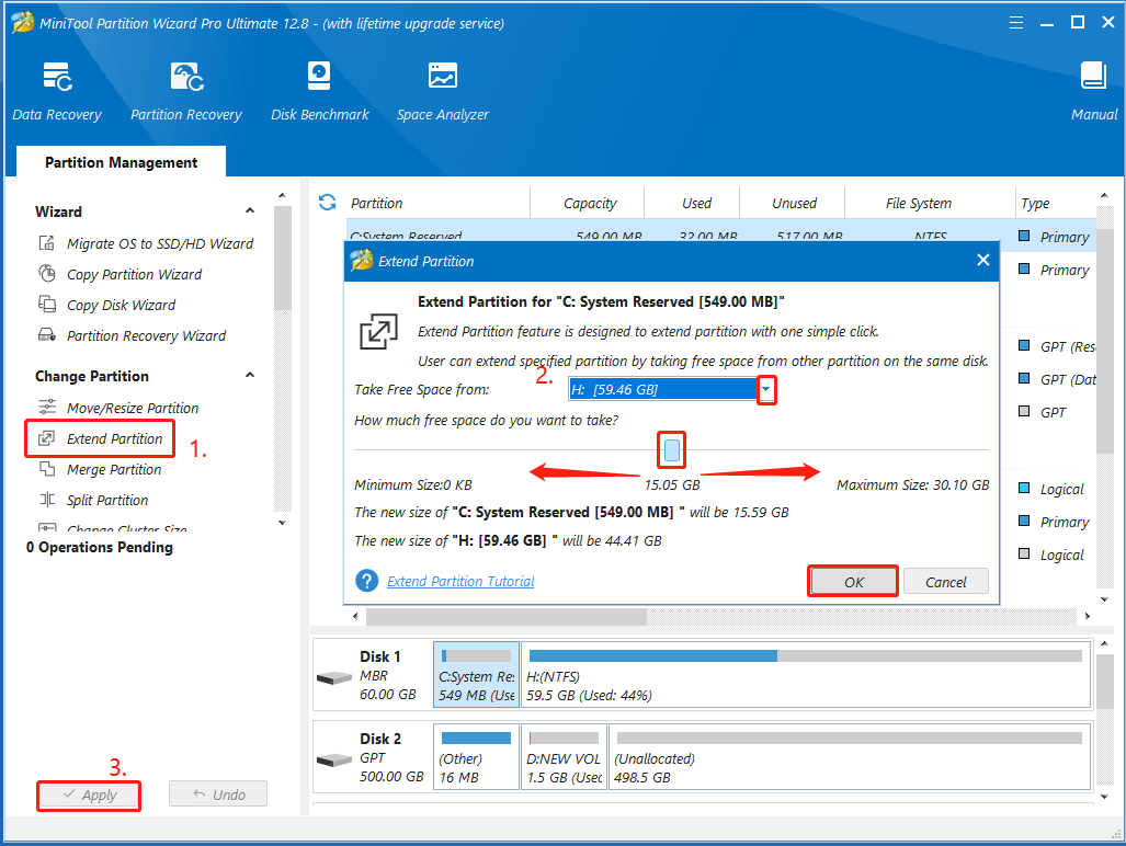 extend the system partition using MiniTool