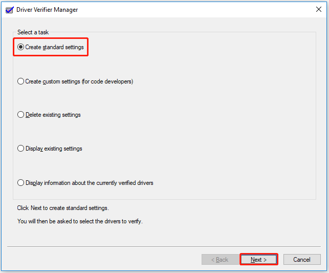 select Create standard settings and click Next