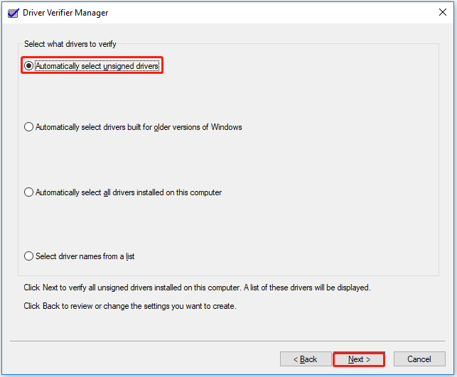 select Automatically select unsigned drivers
