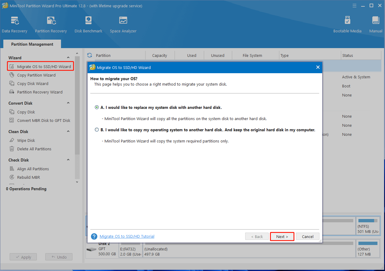 click Migrate OS to SSD on MiniTool