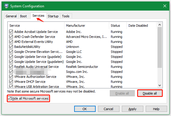 select Hide all Microsoft services