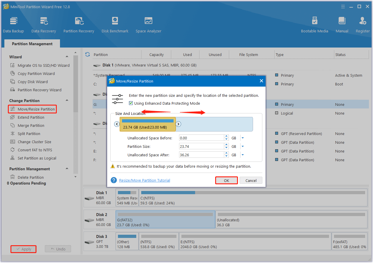 resize or move a partition with MiniTool Partition Wizard