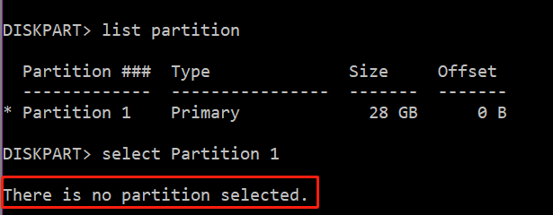 DiskPart there is no partition selected