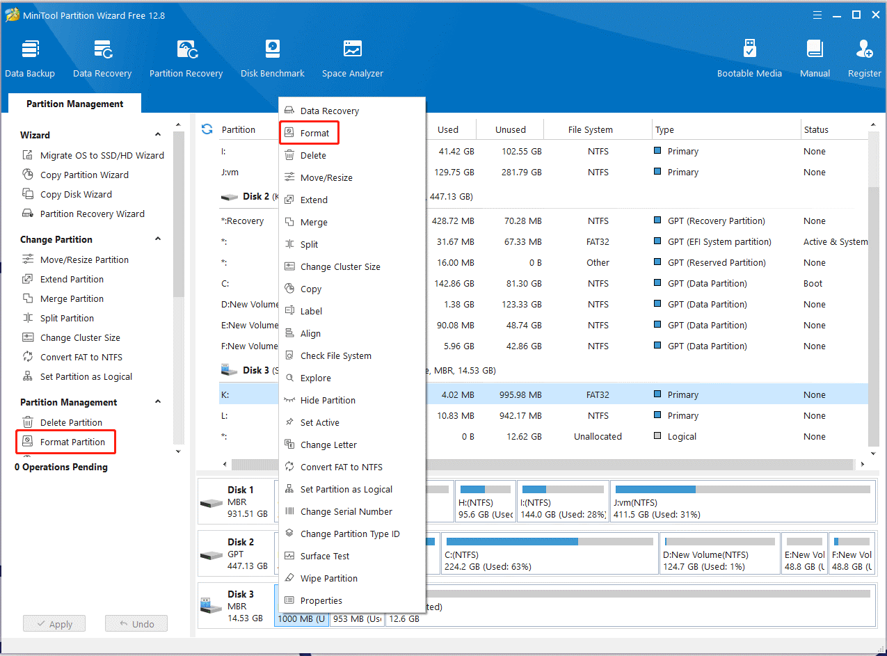 click Format Partition on MiniTool