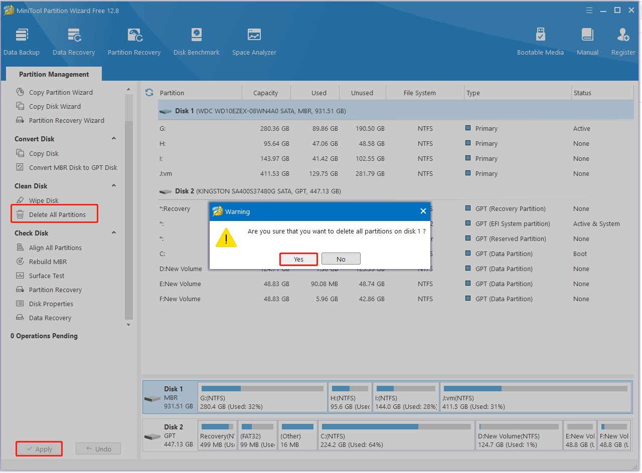 delete all partitions using MiniTool